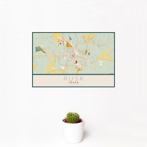 12x18 Rusk Texas Map Print Landscape Orientation in Woodblock Style With Small Cactus Plant in White Planter