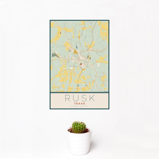 12x18 Rusk Texas Map Print Portrait Orientation in Woodblock Style With Small Cactus Plant in White Planter
