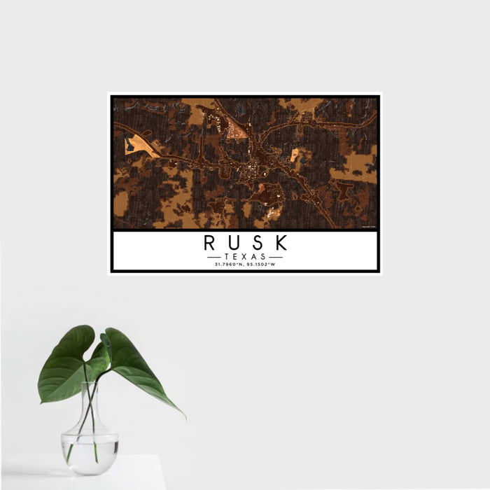 16x24 Rusk Texas Map Print Landscape Orientation in Ember Style With Tropical Plant Leaves in Water
