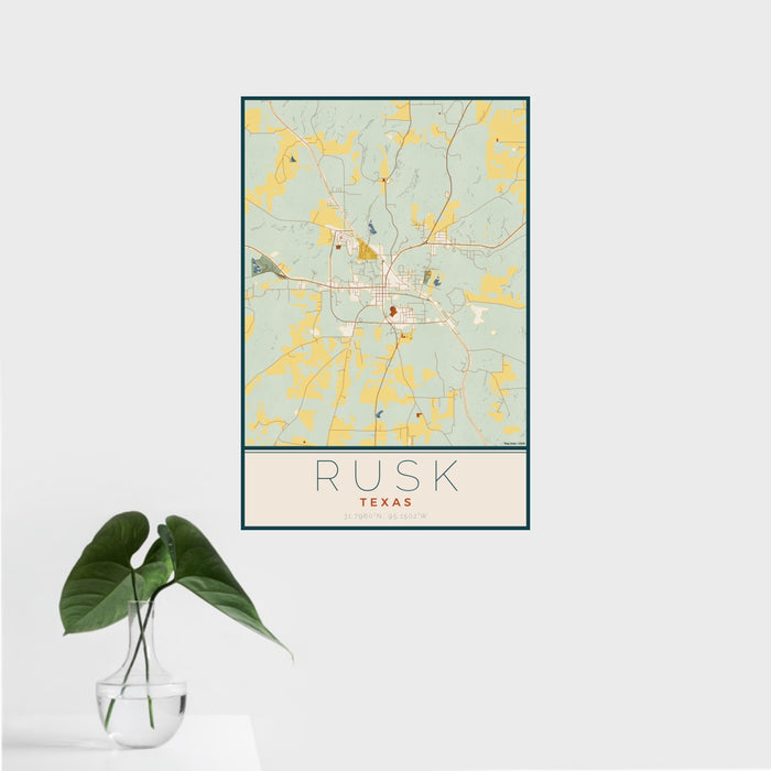 16x24 Rusk Texas Map Print Portrait Orientation in Woodblock Style With Tropical Plant Leaves in Water