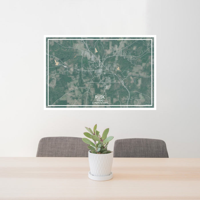 24x36 Rusk Texas Map Print Lanscape Orientation in Afternoon Style Behind 2 Chairs Table and Potted Plant