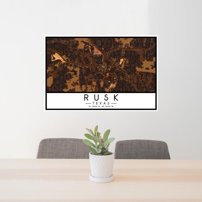 24x36 Rusk Texas Map Print Lanscape Orientation in Ember Style Behind 2 Chairs Table and Potted Plant