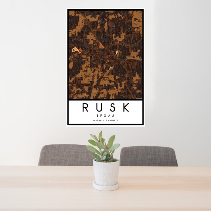 24x36 Rusk Texas Map Print Portrait Orientation in Ember Style Behind 2 Chairs Table and Potted Plant