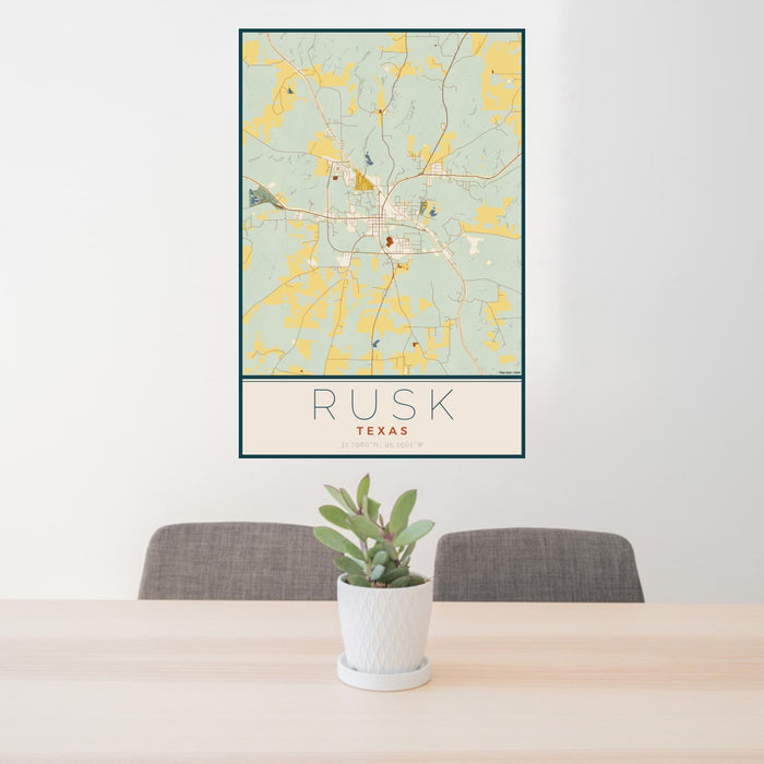 24x36 Rusk Texas Map Print Portrait Orientation in Woodblock Style Behind 2 Chairs Table and Potted Plant