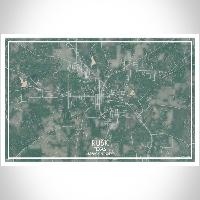Rusk Texas Map Print Landscape Orientation in Afternoon Style With Shaded Background