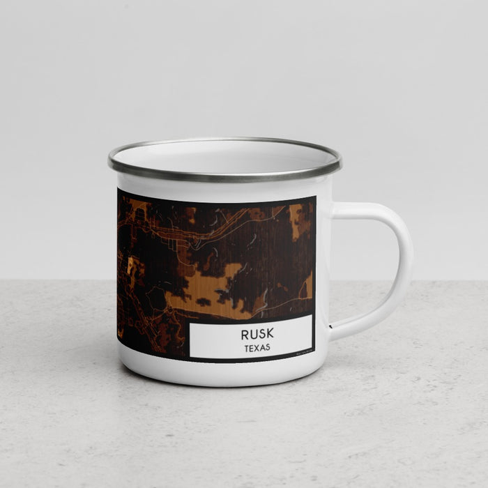 Right View Custom Rusk Texas Map Enamel Mug in Ember