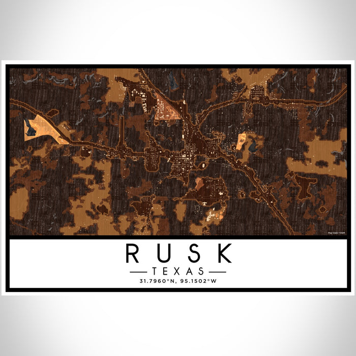Rusk Texas Map Print Landscape Orientation in Ember Style With Shaded Background