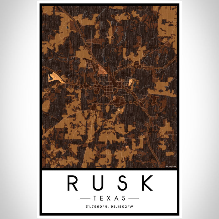 Rusk Texas Map Print Portrait Orientation in Ember Style With Shaded Background