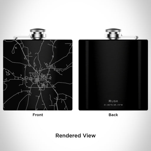 Rendered View of Rusk Texas Map Engraving on 6oz Stainless Steel Flask in Black