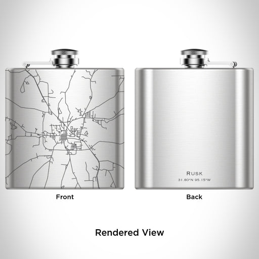Rendered View of Rusk Texas Map Engraving on 6oz Stainless Steel Flask