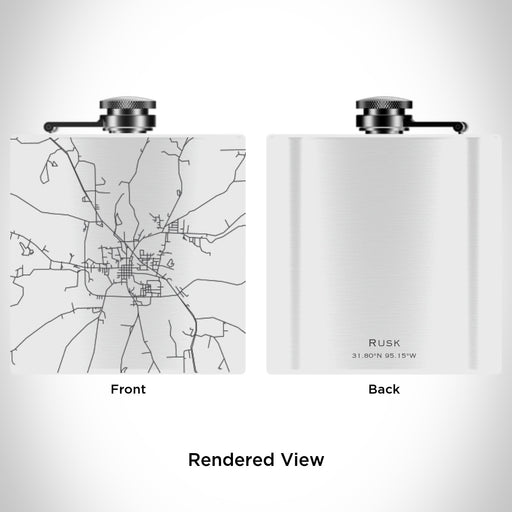 Rendered View of Rusk Texas Map Engraving on 6oz Stainless Steel Flask in White