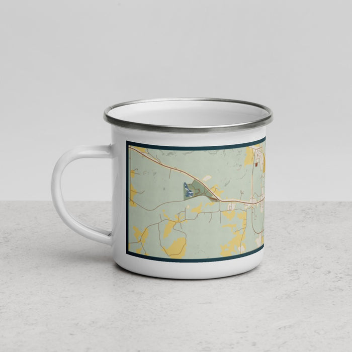 Left View Custom Rusk Texas Map Enamel Mug in Woodblock
