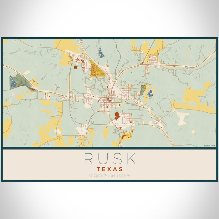 Rusk Texas Map Print Landscape Orientation in Woodblock Style With Shaded Background