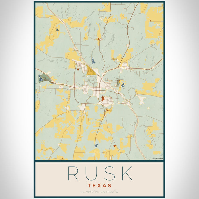 Rusk Texas Map Print Portrait Orientation in Woodblock Style With Shaded Background