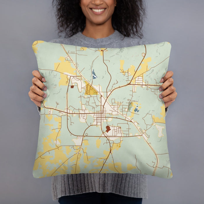 Person holding 18x18 Custom Rusk Texas Map Throw Pillow in Woodblock