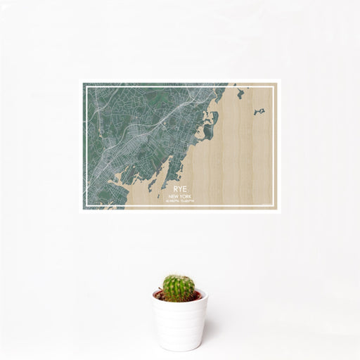 12x18 Rye New York Map Print Landscape Orientation in Afternoon Style With Small Cactus Plant in White Planter