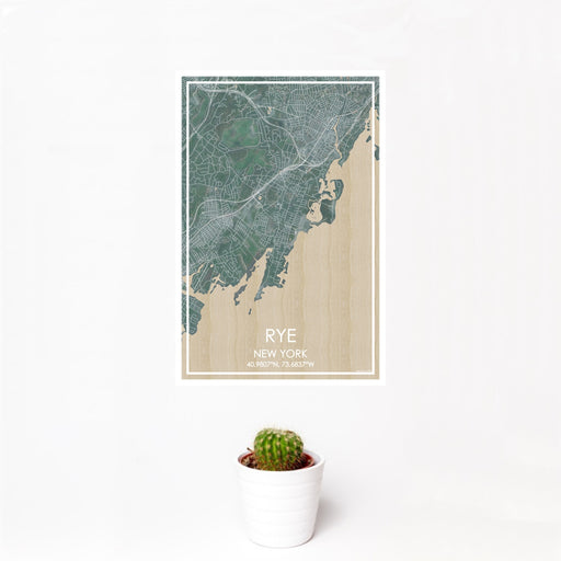 12x18 Rye New York Map Print Portrait Orientation in Afternoon Style With Small Cactus Plant in White Planter