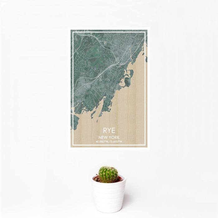 12x18 Rye New York Map Print Portrait Orientation in Afternoon Style With Small Cactus Plant in White Planter