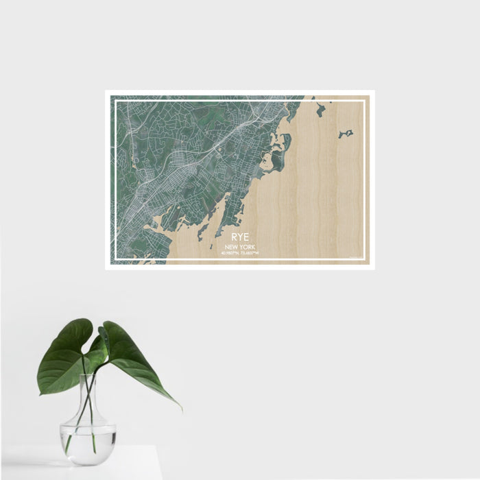 16x24 Rye New York Map Print Landscape Orientation in Afternoon Style With Tropical Plant Leaves in Water
