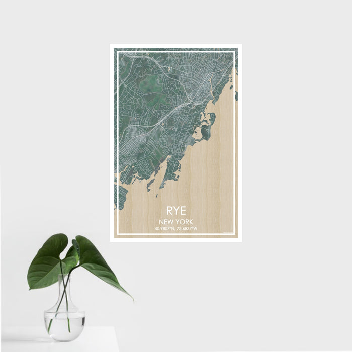16x24 Rye New York Map Print Portrait Orientation in Afternoon Style With Tropical Plant Leaves in Water