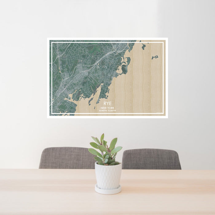 24x36 Rye New York Map Print Lanscape Orientation in Afternoon Style Behind 2 Chairs Table and Potted Plant