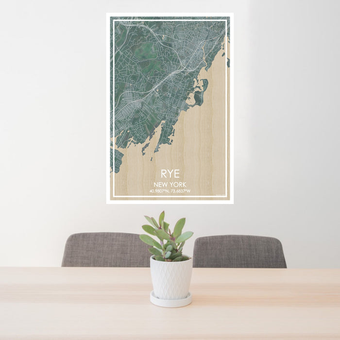 24x36 Rye New York Map Print Portrait Orientation in Afternoon Style Behind 2 Chairs Table and Potted Plant