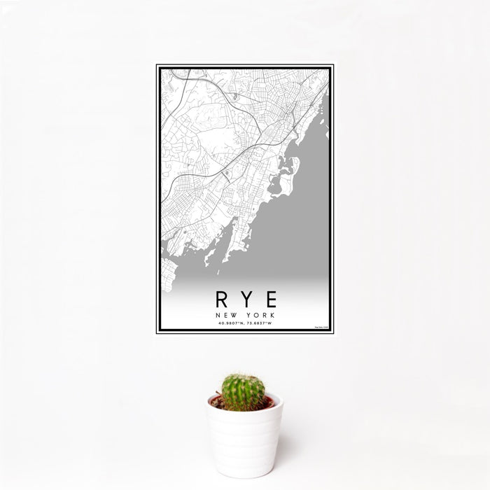 12x18 Rye New York Map Print Portrait Orientation in Classic Style With Small Cactus Plant in White Planter