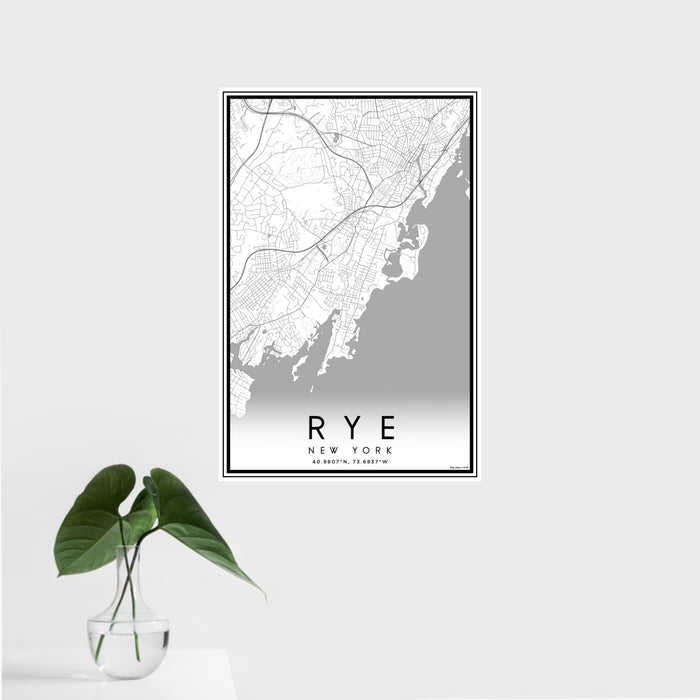 16x24 Rye New York Map Print Portrait Orientation in Classic Style With Tropical Plant Leaves in Water