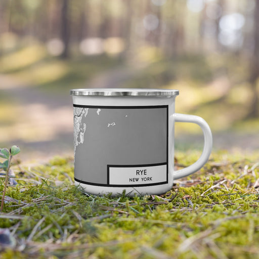 Right View Custom Rye New York Map Enamel Mug in Classic on Grass With Trees in Background