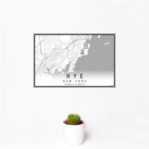 12x18 Rye New York Map Print Landscape Orientation in Classic Style With Small Cactus Plant in White Planter