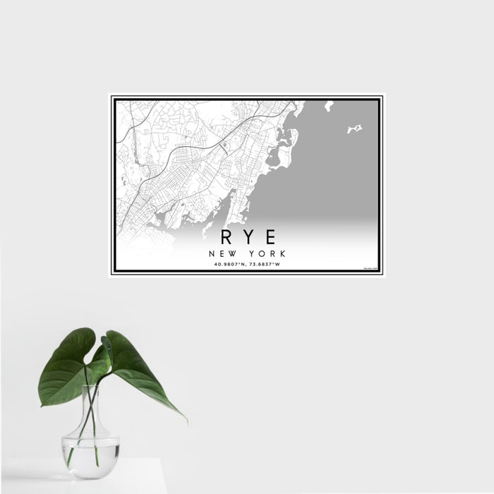 16x24 Rye New York Map Print Landscape Orientation in Classic Style With Tropical Plant Leaves in Water