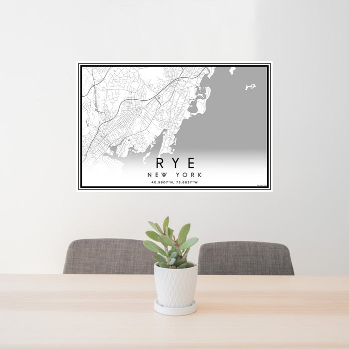 24x36 Rye New York Map Print Landscape Orientation in Classic Style Behind 2 Chairs Table and Potted Plant
