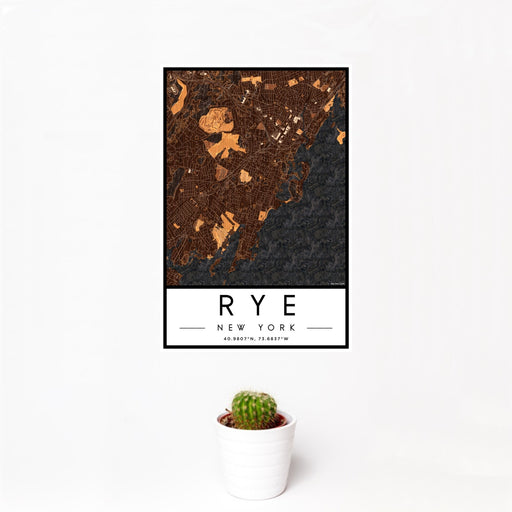 12x18 Rye New York Map Print Portrait Orientation in Ember Style With Small Cactus Plant in White Planter