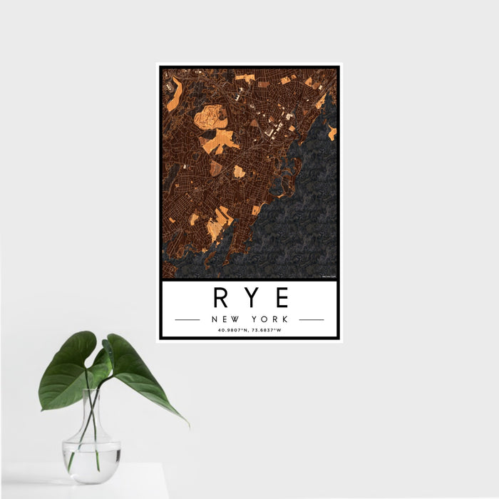 16x24 Rye New York Map Print Portrait Orientation in Ember Style With Tropical Plant Leaves in Water