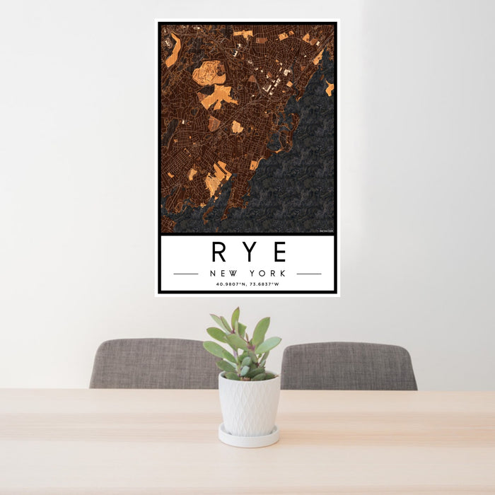 24x36 Rye New York Map Print Portrait Orientation in Ember Style Behind 2 Chairs Table and Potted Plant
