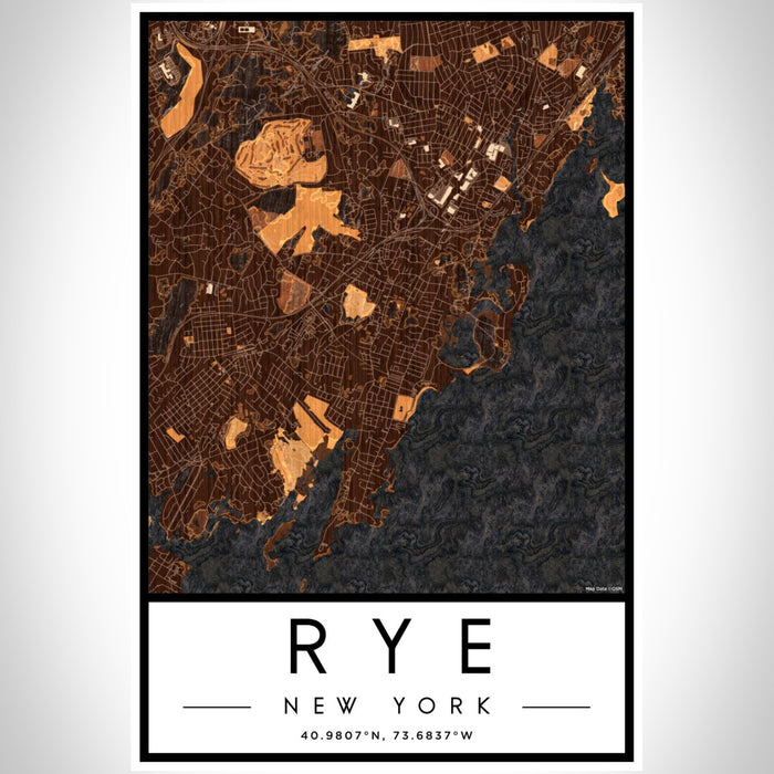 Rye New York Map Print Portrait Orientation in Ember Style With Shaded Background