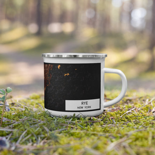 Right View Custom Rye New York Map Enamel Mug in Ember on Grass With Trees in Background