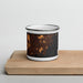 Front View Custom Rye New York Map Enamel Mug in Ember on Cutting Board