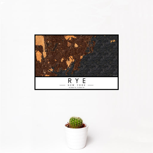 12x18 Rye New York Map Print Landscape Orientation in Ember Style With Small Cactus Plant in White Planter