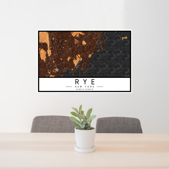 24x36 Rye New York Map Print Landscape Orientation in Ember Style Behind 2 Chairs Table and Potted Plant