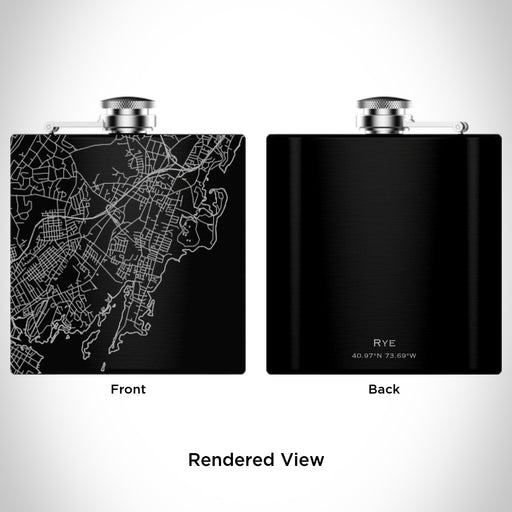 Rendered View of Rye New York Map Engraving on 6oz Stainless Steel Flask in Black
