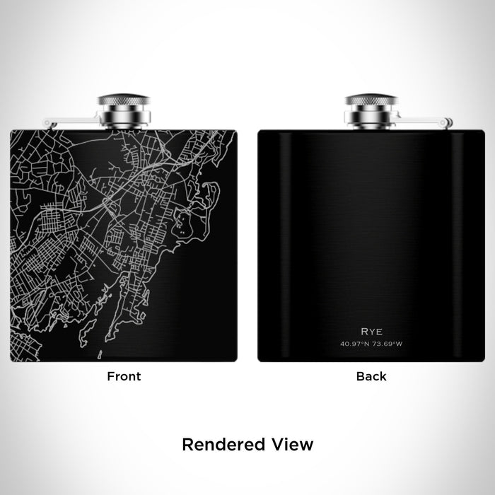 Rendered View of Rye New York Map Engraving on 6oz Stainless Steel Flask in Black