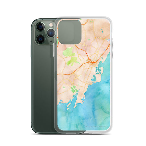 Custom Rye New York Map Phone Case in Watercolor on Table with Laptop and Plant