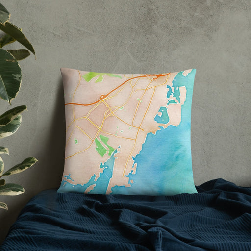 Custom Rye New York Map Throw Pillow in Watercolor on Bedding Against Wall