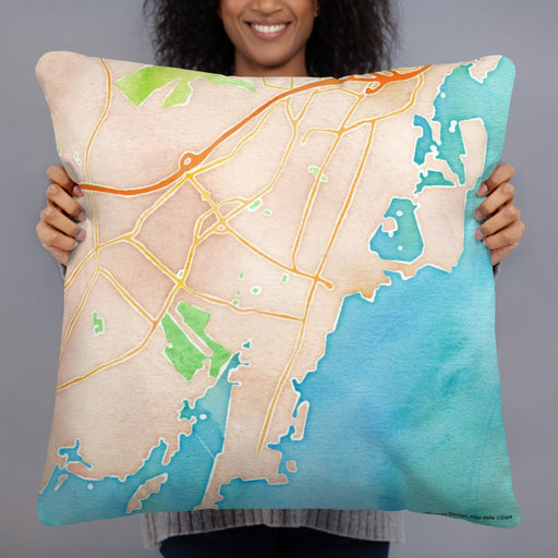 Person holding 22x22 Custom Rye New York Map Throw Pillow in Watercolor