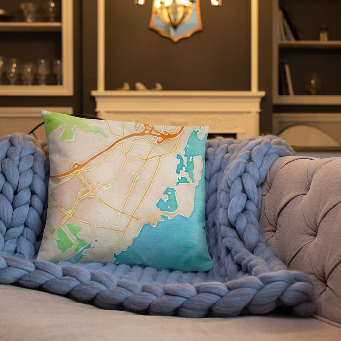 Custom Rye New York Map Throw Pillow in Watercolor on Cream Colored Couch