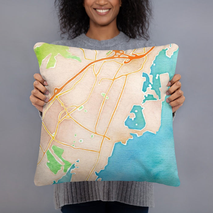 Person holding 18x18 Custom Rye New York Map Throw Pillow in Watercolor