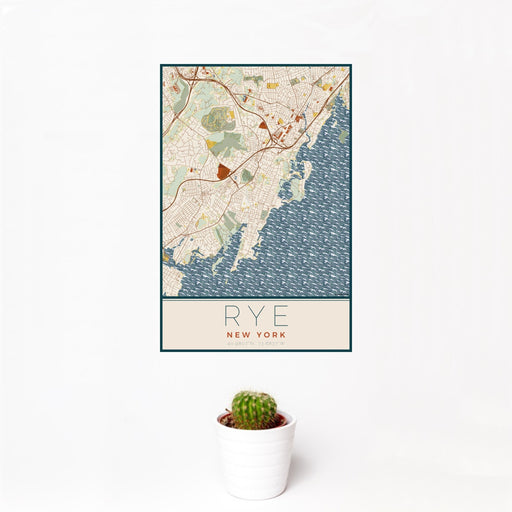 12x18 Rye New York Map Print Portrait Orientation in Woodblock Style With Small Cactus Plant in White Planter