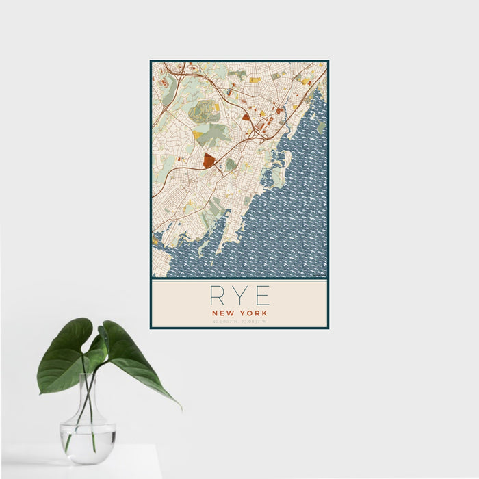 16x24 Rye New York Map Print Portrait Orientation in Woodblock Style With Tropical Plant Leaves in Water