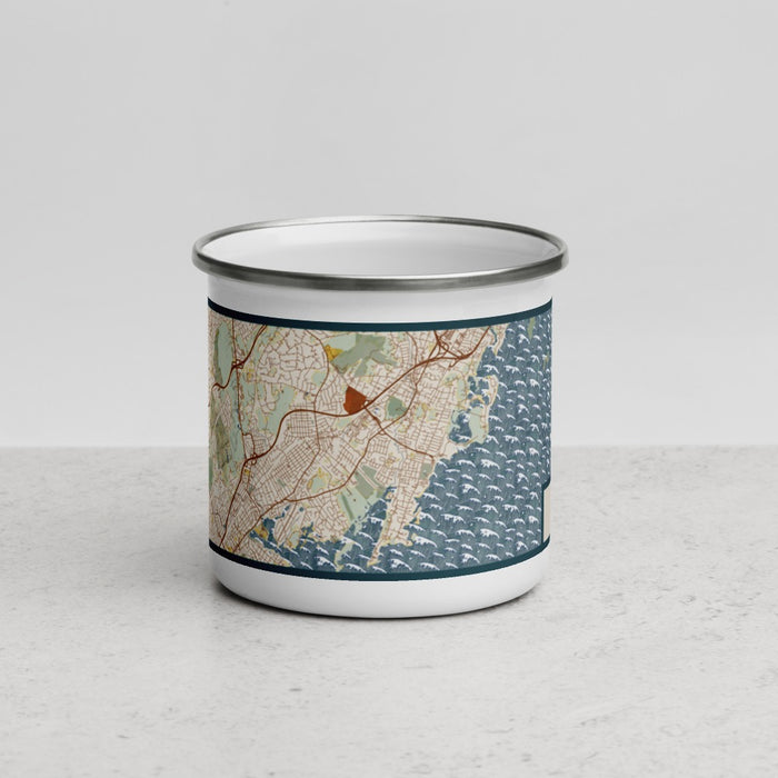 Front View Custom Rye New York Map Enamel Mug in Woodblock